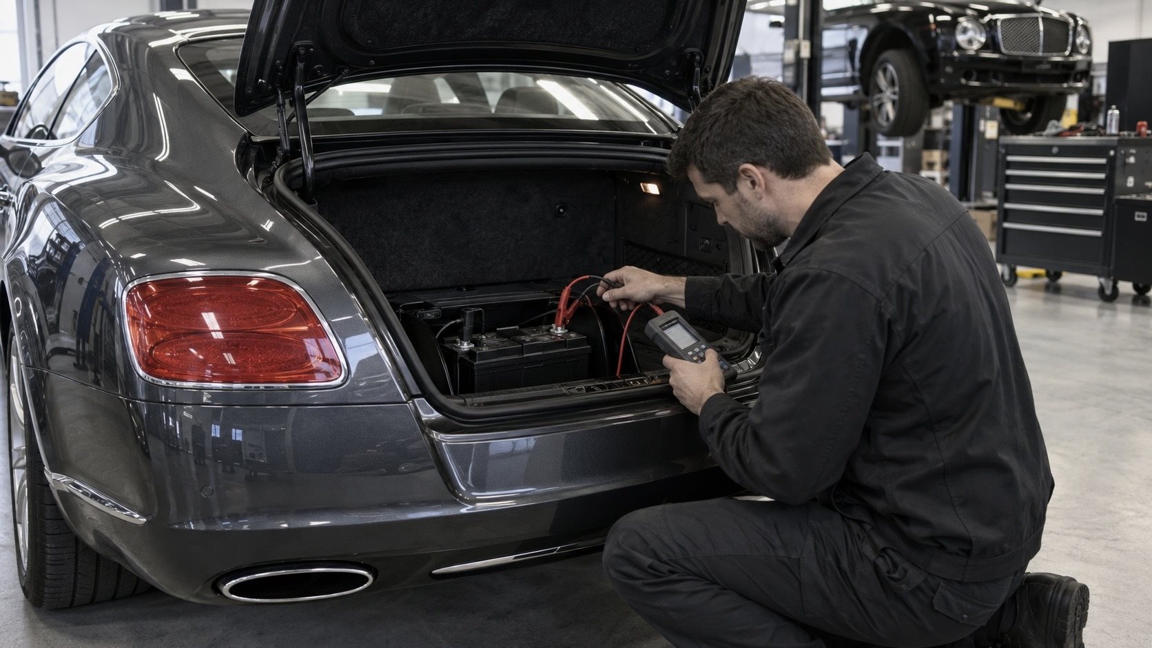 A Bentley technician at Bentley Jacksonville tests the 12-volt battery in the trunk of a Bentley Continental GT.