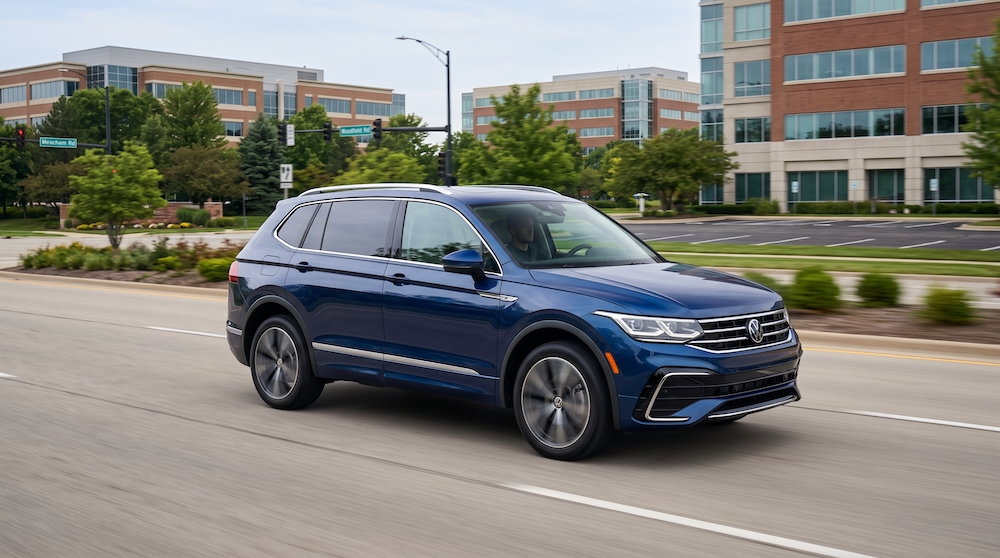 2026 Volkswagen Tiguan driving in suburban Schaumburg Illinois