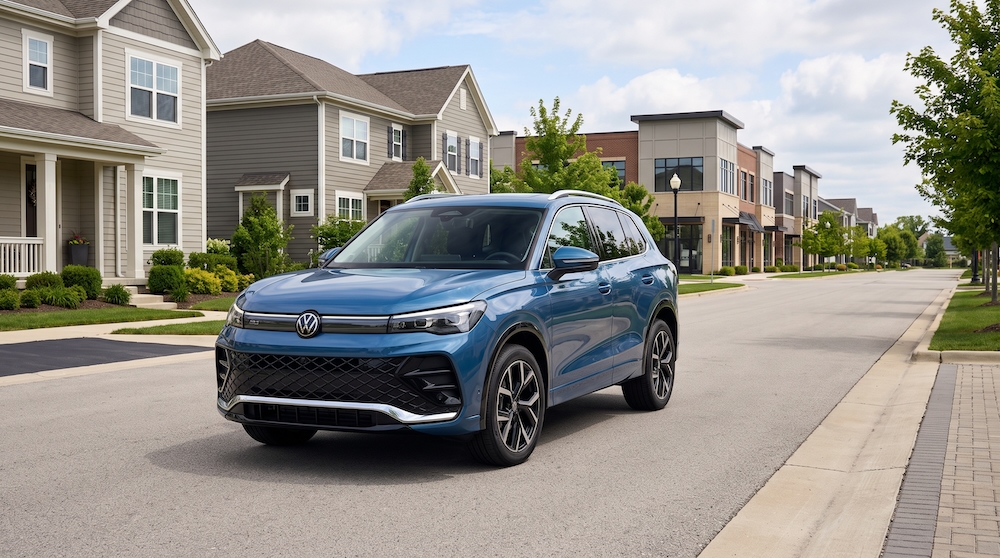 2026 Volkswagen Tiguan driving on a suburban Chicago road