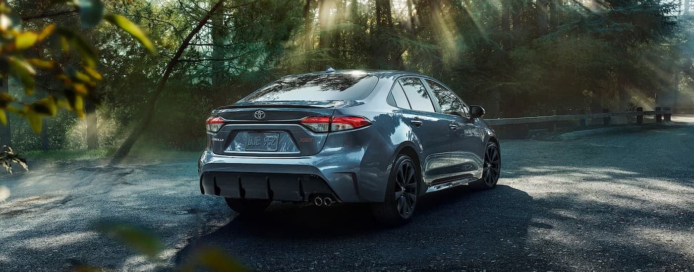 A silver 2026 Toyota Corolla driving on a shaded road.