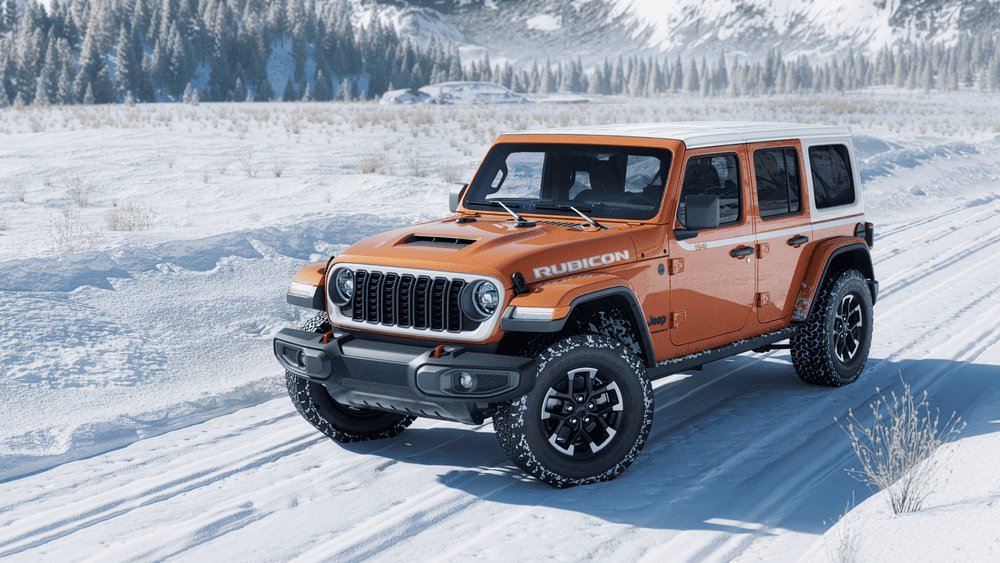 2026 Jeep Wrangler Rubicon four-door in orange on snow in Margate FL for all-season adventures