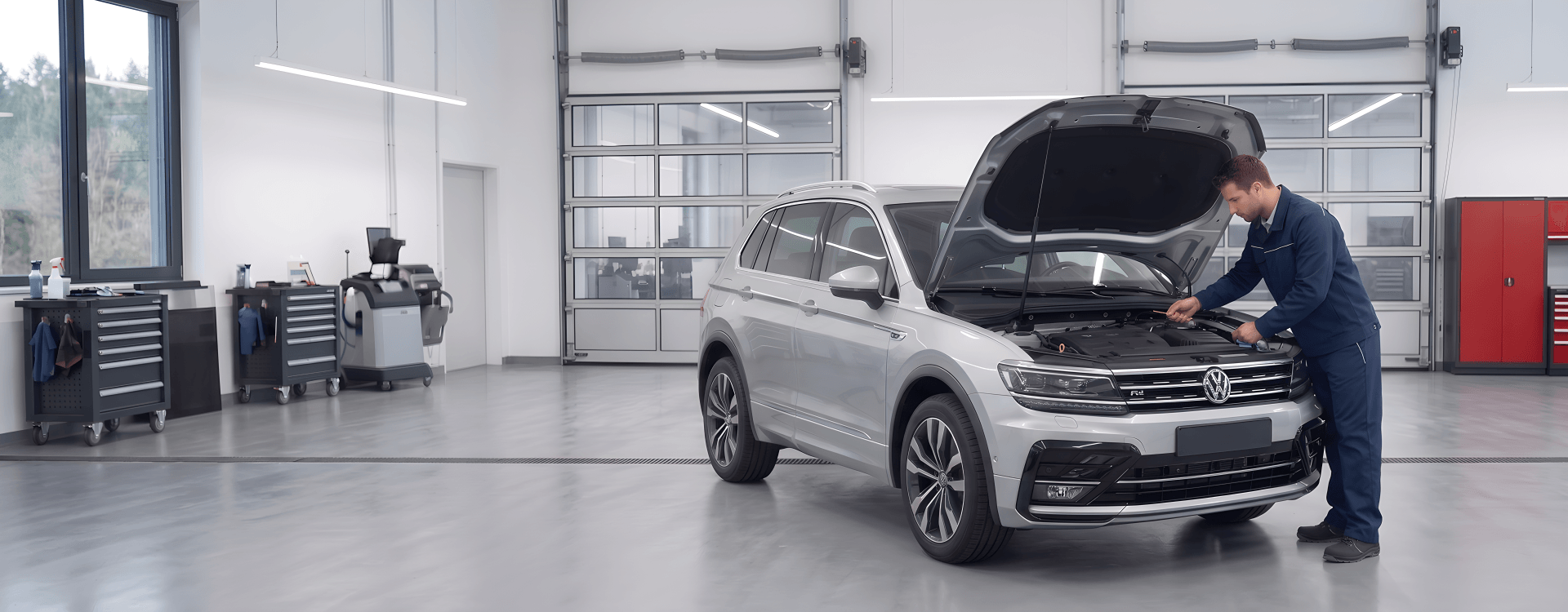 Volkswagen technician checking the engine of a silver Volkswagen Tiguan with the hood raised in the Bayside Volkswagen service center