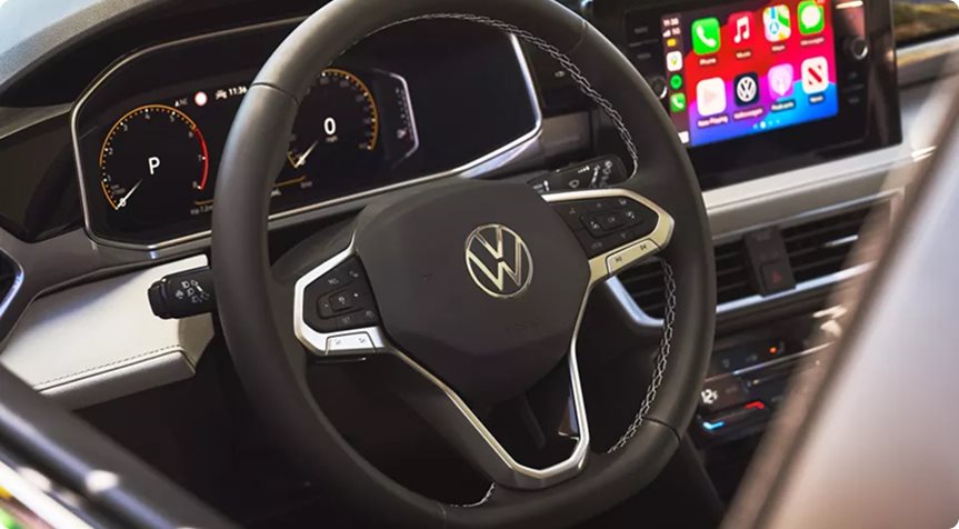 Heated multi-function steering wheel and digital cockpit inside the 2027 Volkswagen Taos