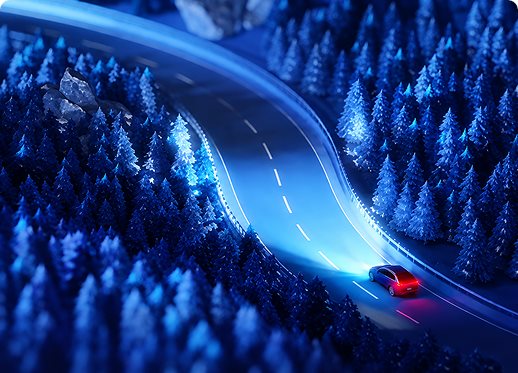 Illustration of a car driving a glowing road through a blue forest at night