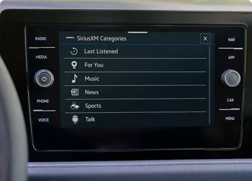 SiriusXM categories menu on the Volkswagen touchscreen