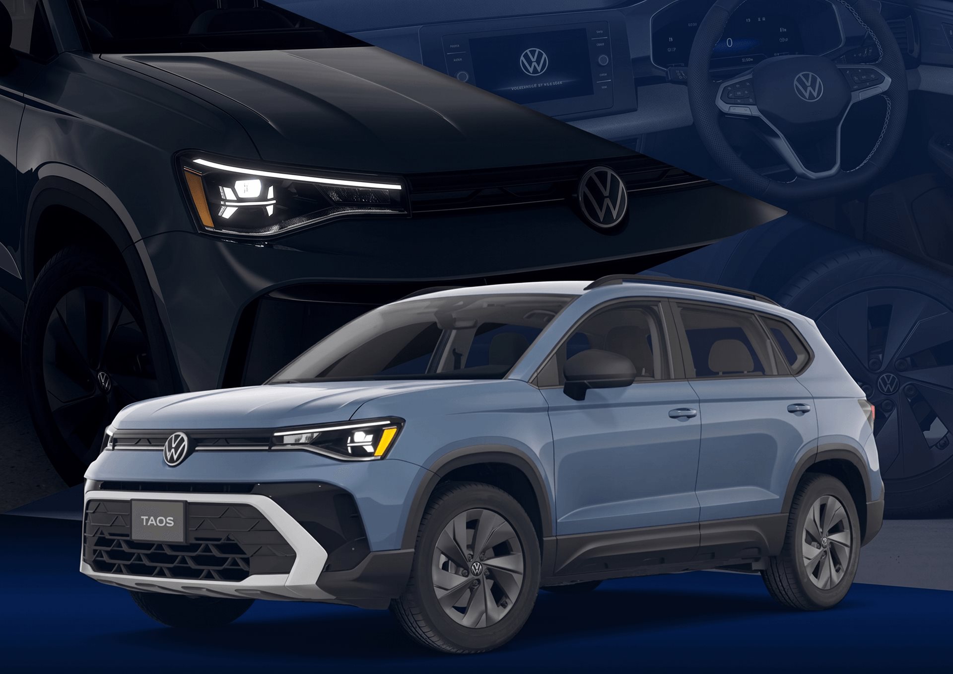 Light blue 2027 Volkswagen Taos in front of close-ups of a black Taos headlight and steering wheel