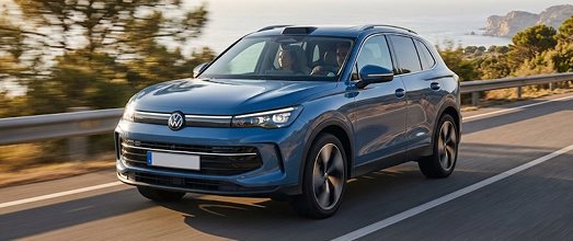 Blue Volkswagen SUV driving along a coastal highway