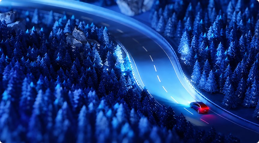 Illustration of a car driving a glowing road through a blue forest at night