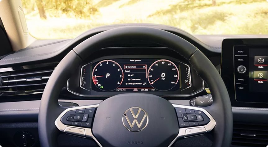 VW Digital Cockpit behind the steering wheel of the Volkswagen Jetta