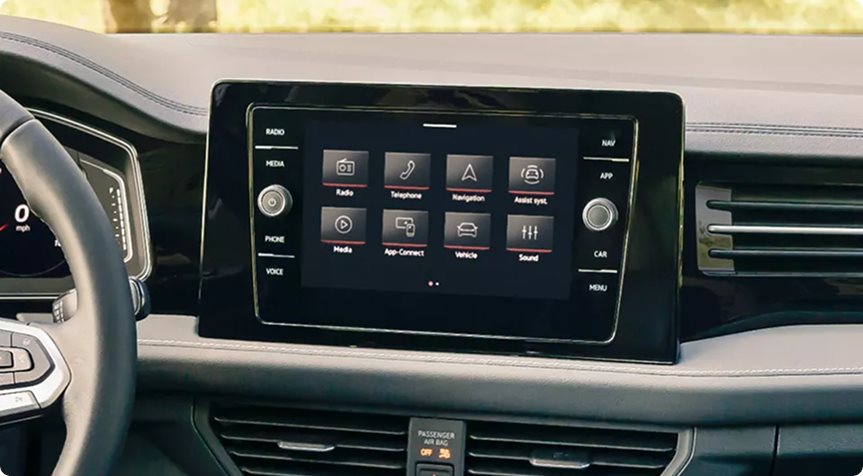 Floating center touchscreen showing the app menu in the Volkswagen Jetta