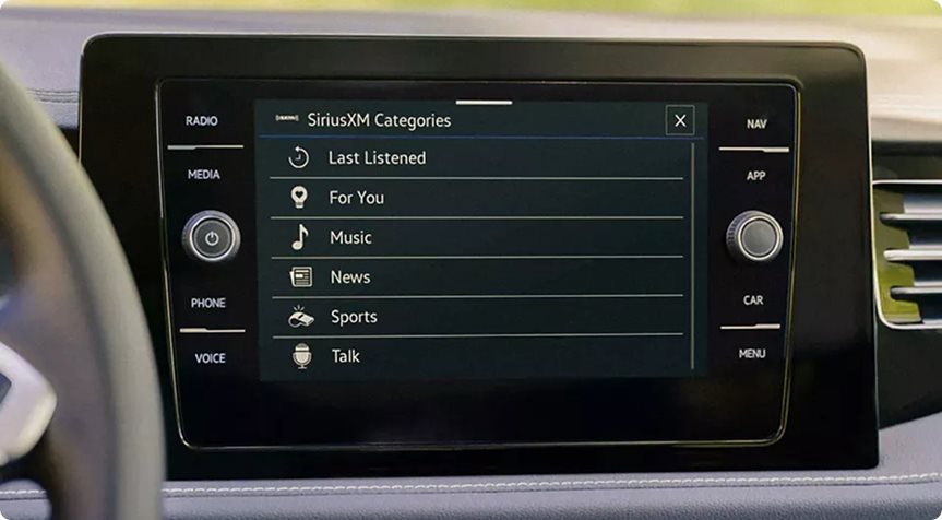 SiriusXM categories menu on the Volkswagen touchscreen