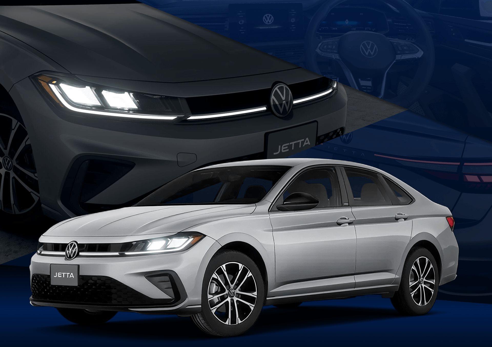 Silver 2027 Volkswagen Jetta in front of a close-up of a dark Jetta&rsquo;s LED headlight