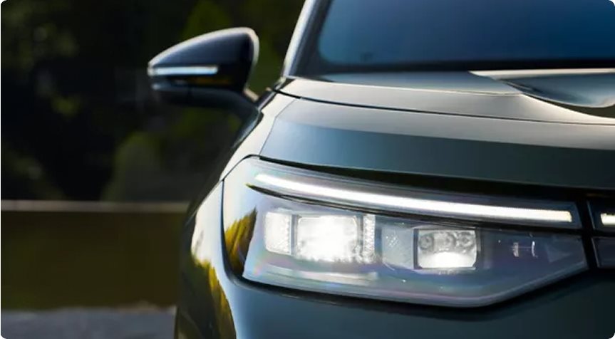 Close-up of the Volkswagen Tiguan’s LED headlight and light strip