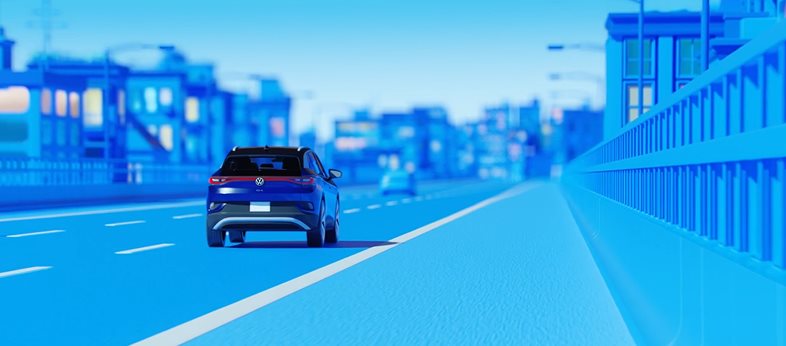 Illustration of an SUV driving along a blue-toned city highway