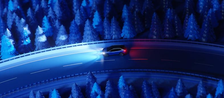 Illustration of an SUV lighting up a curving forest road at night
