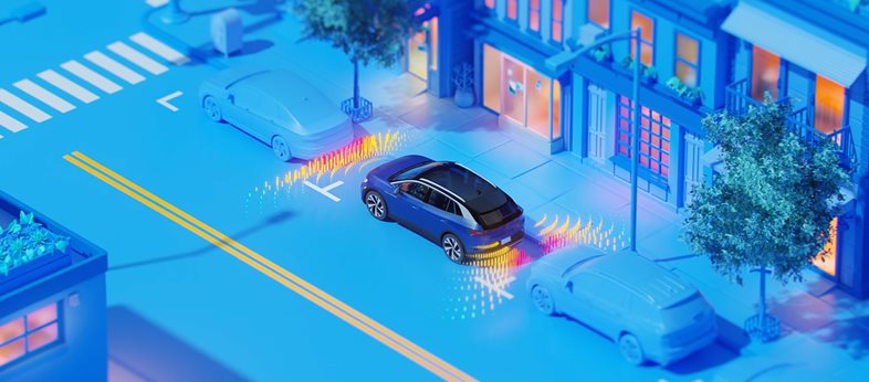 Illustration of an SUV reversing into a parking space with sensor waves at its rear