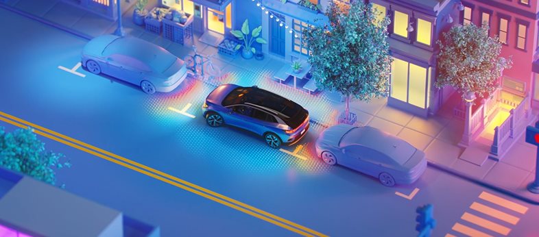 Illustration of an SUV parking on a city street with camera zones shown around it