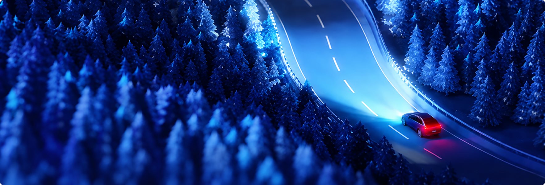 Illustration of an SUV driving a glowing road through a blue forest at night
