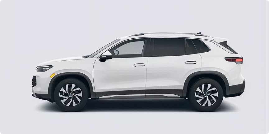 Side profile of a white 2026 Volkswagen Tiguan