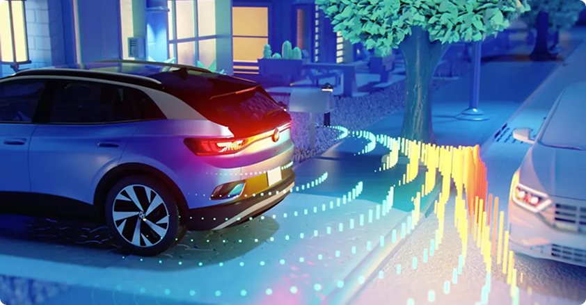 Illustration of an SUV at night with driver assistance sensor waves reaching the car beside it