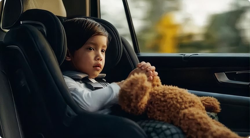 Child holding a teddy bear in a car seat in the back of the Volkswagen Atlas