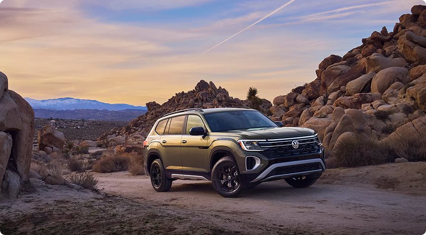 Volkswagen Atlas Peak Edition parked among desert boulders