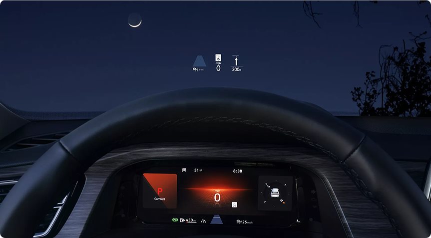 Head-up display projected above the steering wheel at night