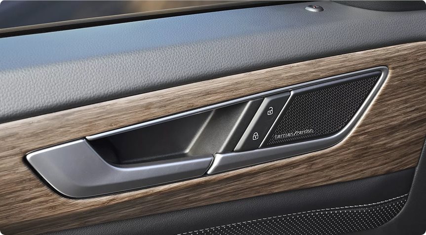 Harman Kardon speaker in the wood-trimmed door panel of the Volkswagen Atlas