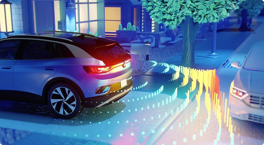 Illustration of an SUV at night with driver assistance sensor waves reaching the car beside it