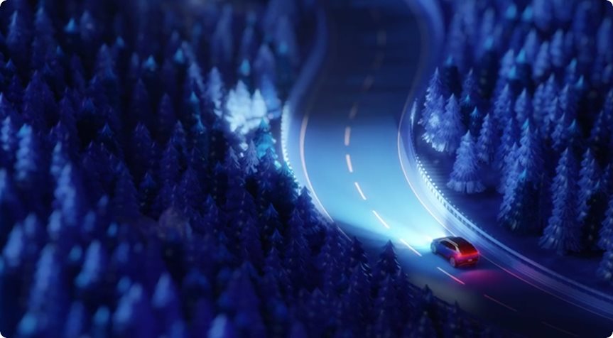Illustration of an SUV lighting up a curving forest road at night