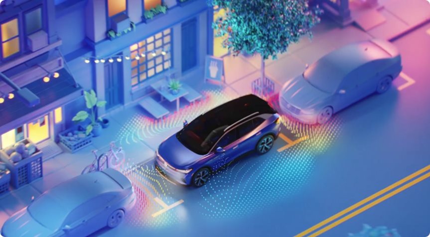 Illustration of an SUV parking on a city street with camera zones shown around it