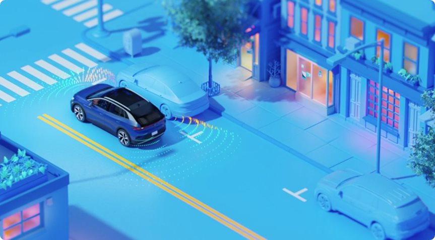 Illustration of an SUV reversing into a parking space with sensor waves at its rear