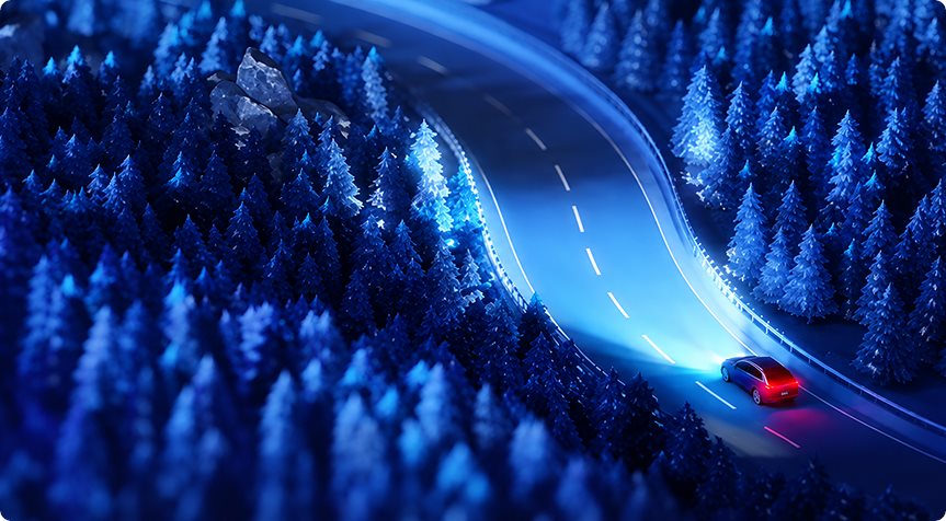 Illustration of an SUV driving a glowing road through a blue forest at night