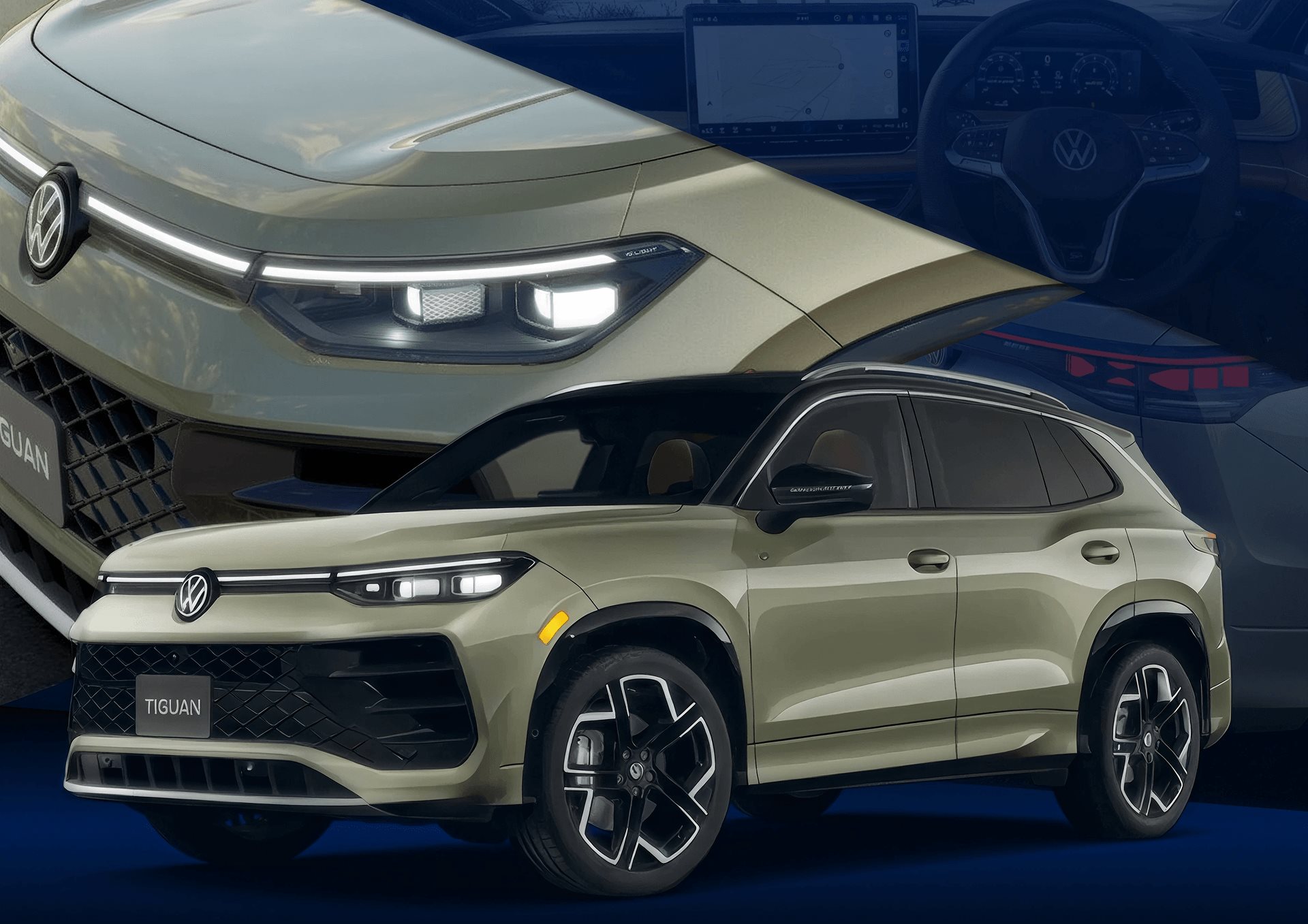 Green 2026 Volkswagen Tiguan in front of a close-up of its light bar and illuminated VW emblem