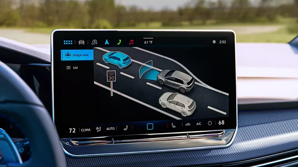 Golf R floating touchscreen showing a driver assistance view