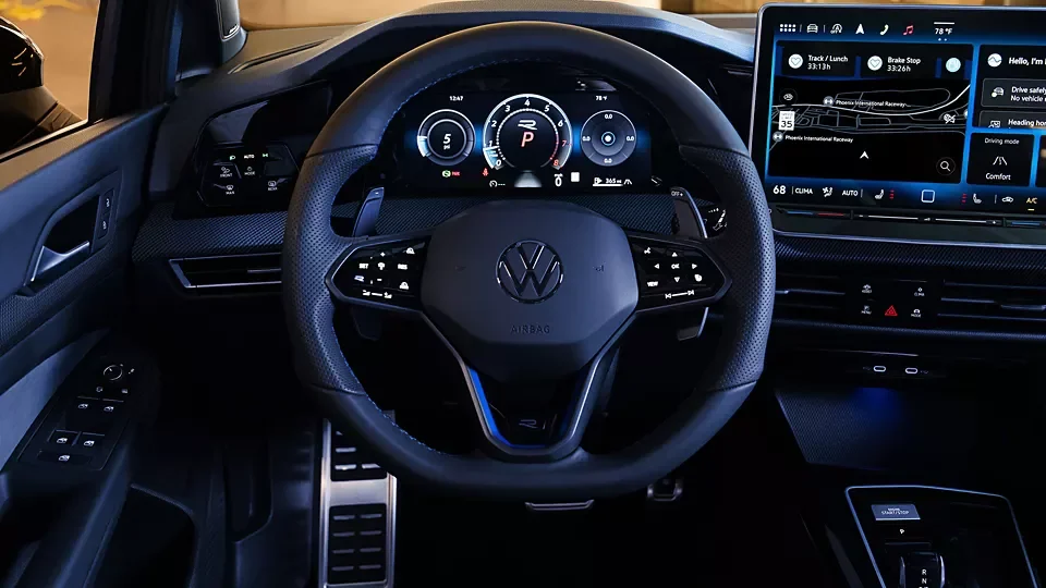 Golf R steering wheel with paddle shifters in front of the digital cockpit