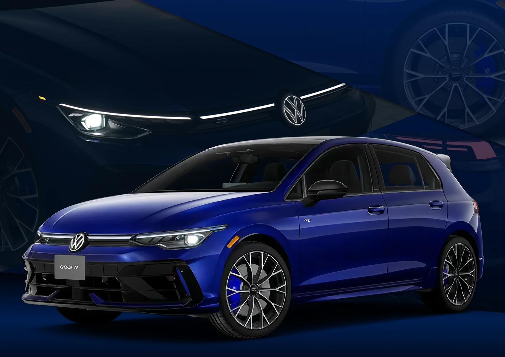 Blue 2026 Volkswagen Golf R Hatchback with its light bar lit, in front of a close-up of its front end