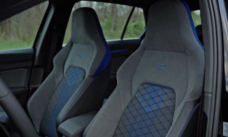 Golf R front sport seats with gray upholstery and blue diamond stitching