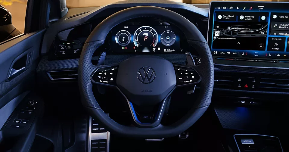 Leather-wrapped Golf R sports steering wheel with touch controls and shifting paddles