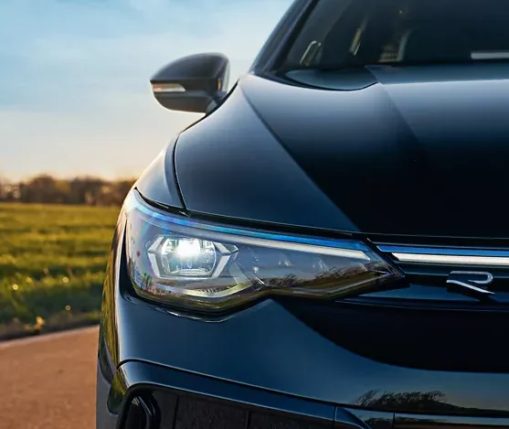 Close-up of the Golf R LED headlight and illuminated front light bar