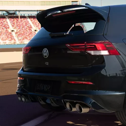 Rear of a black Golf R showing its roof spoiler and LED taillights