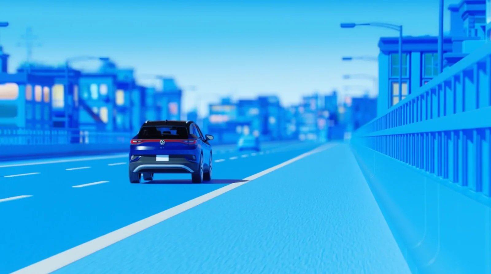 Illustration of a car driving along a blue-toned city highway