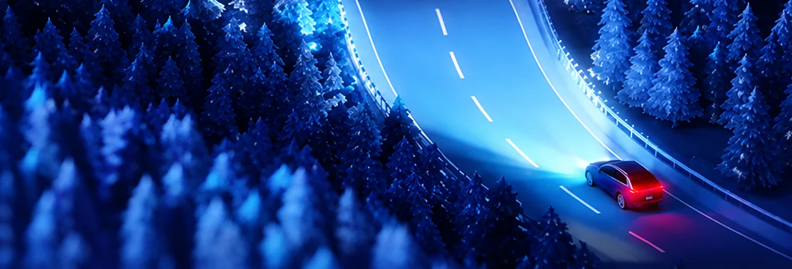 Illustration of a car driving a glowing road through a blue forest at night