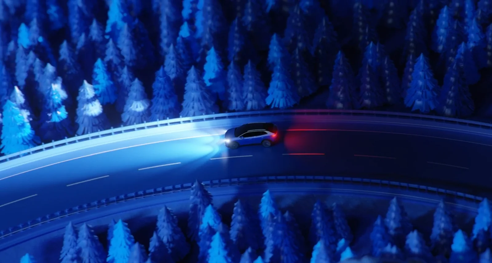 Illustration of a car lighting up a curving forest road at night