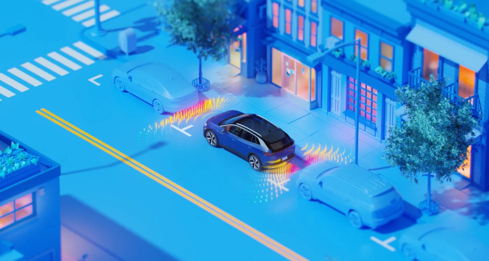 Illustration of a car reversing into a parking space with sensor waves at its rear