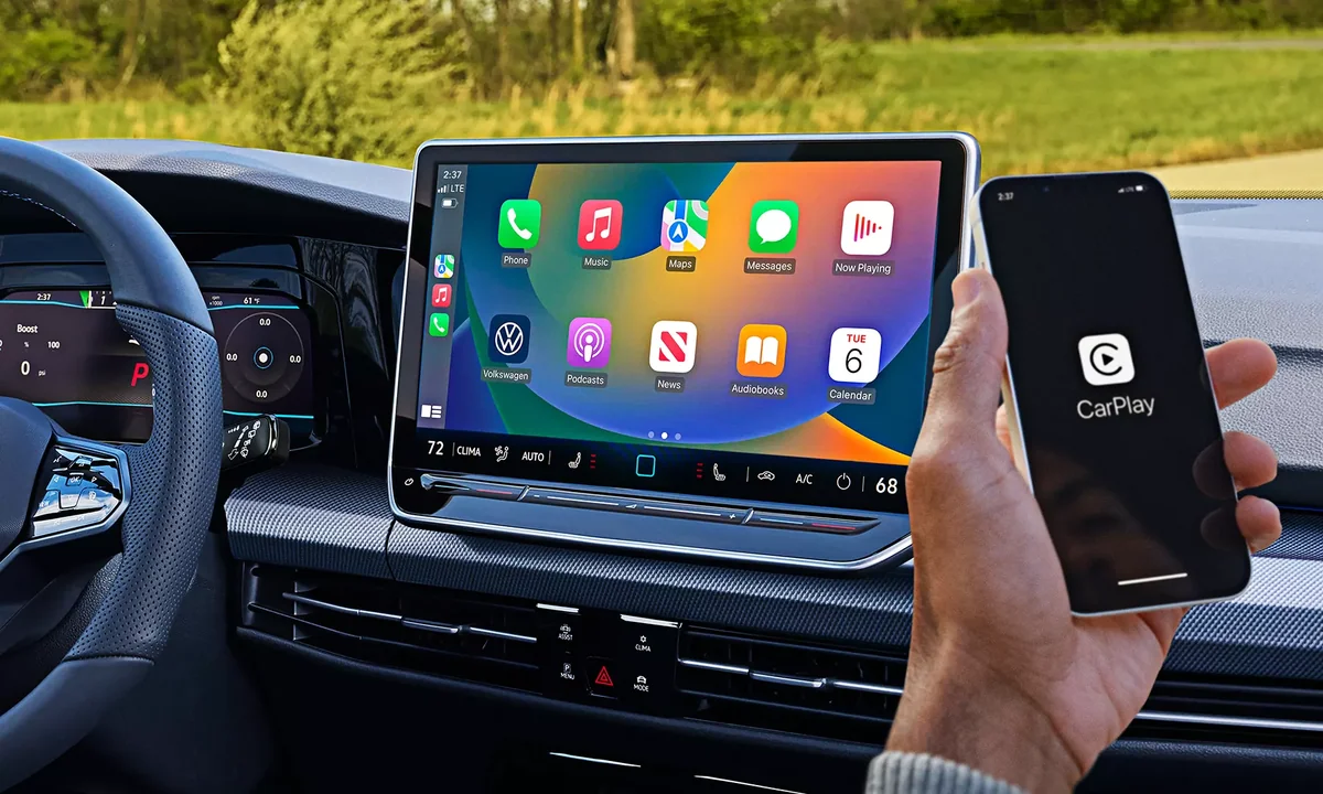Apple CarPlay on the Golf R touchscreen next to a phone showing CarPlay