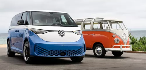 Blue and white ID. Buzz next to a classic Volkswagen bus by the sea