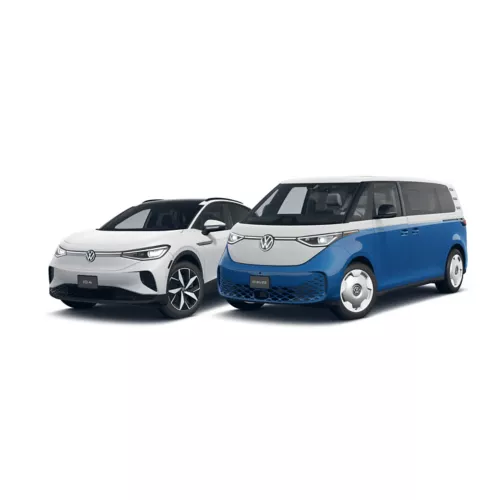 White Volkswagen ID.4 beside a blue and white ID. Buzz
