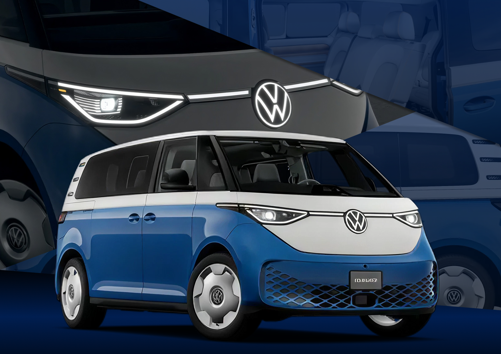 Blue and white 2025 Volkswagen ID. Buzz in front of a close-up of its illuminated VW logo