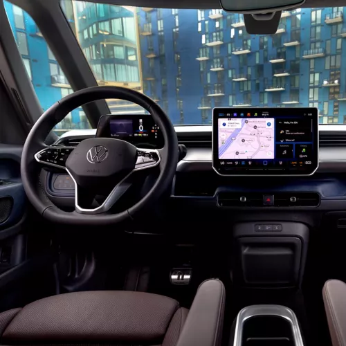 ID. Buzz touchscreen showing navigation beside the steering wheel